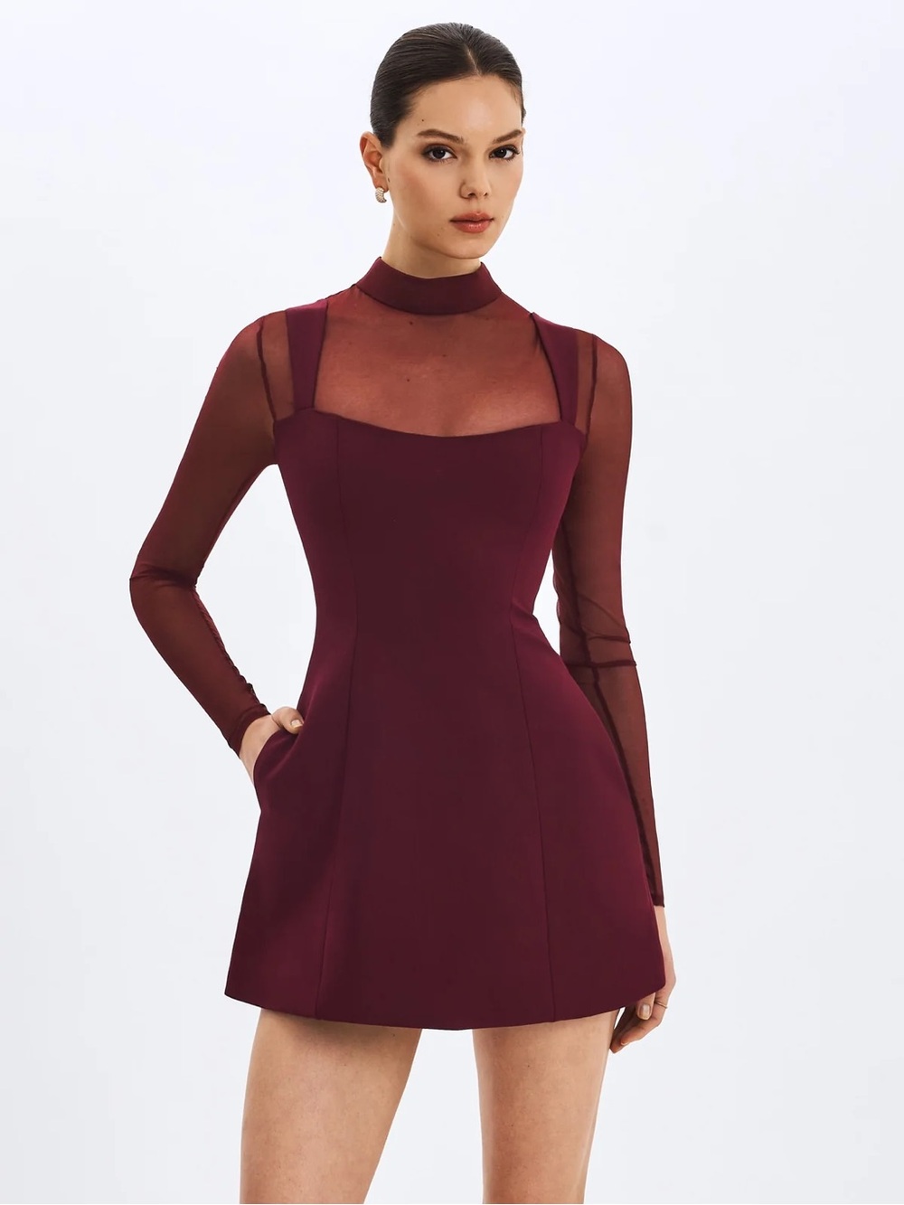 ♥️ ‘Natasha’ Burgundy Sheer-Panel Turtleneck Mini Dress 👗 Miss Circle • Fall 🍂 S